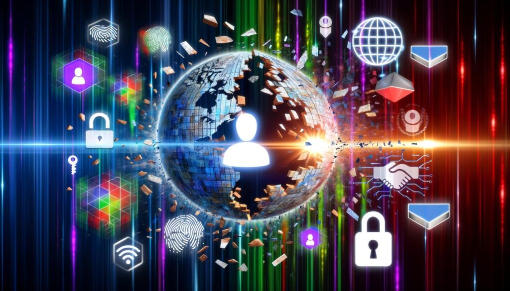 Illustration einer zerbrechenden Login-Maske, im Vordergrund leuchtende Symbole moderner digitaler Identität wie Wallet, Fingerabdruck, Gesichtserkennung, kryptografischer Schlüssel und Blockchain, im Hintergrund globale Datenströme und Unternehmenslogos.