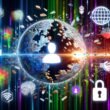Illustration einer zerbrechenden Login-Maske, im Vordergrund leuchtende Symbole moderner digitaler Identität wie Wallet, Fingerabdruck, Gesichtserkennung, kryptografischer Schlüssel und Blockchain, im Hintergrund globale Datenströme und Unternehmenslogos.