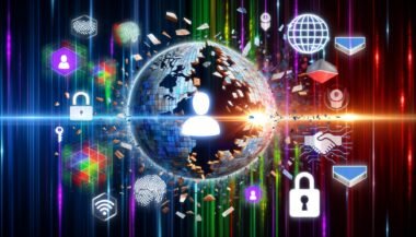 Illustration einer zerbrechenden Login-Maske, im Vordergrund leuchtende Symbole moderner digitaler Identität wie Wallet, Fingerabdruck, Gesichtserkennung, kryptografischer Schlüssel und Blockchain, im Hintergrund globale Datenströme und Unternehmenslogos.