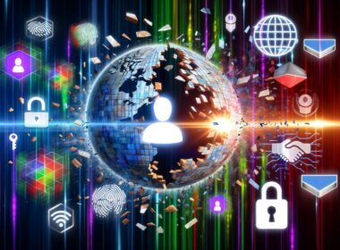 Illustration einer zerbrechenden Login-Maske, im Vordergrund leuchtende Symbole moderner digitaler Identität wie Wallet, Fingerabdruck, Gesichtserkennung, kryptografischer Schlüssel und Blockchain, im Hintergrund globale Datenströme und Unternehmenslogos.