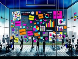 Dynamische Illustration einer Agentur: Kreatives Brainstorming mit bunten Post-its, Laptops, modernen Bildschirmen und inspirierenden Plakaten in einem urbanen, farbenfrohen Umfeld.