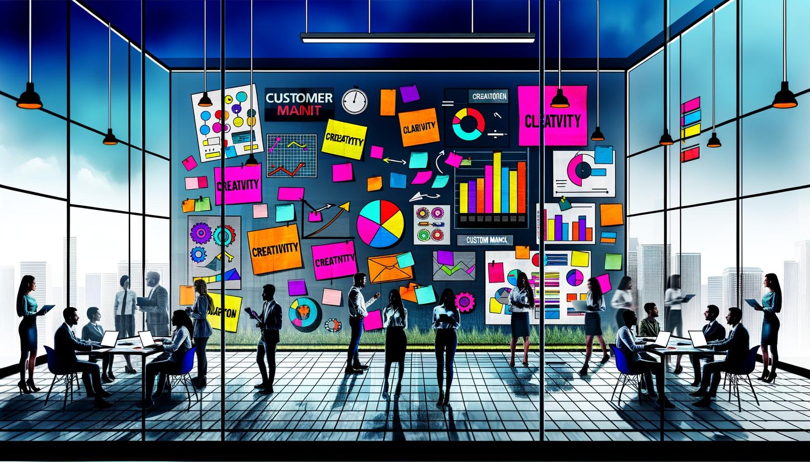 Dynamische Illustration einer Agentur: Kreatives Brainstorming mit bunten Post-its, Laptops, modernen Bildschirmen und inspirierenden Plakaten in einem urbanen, farbenfrohen Umfeld.