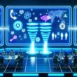 Hightech Arbeitsplatz mit Sonos Lautsprechern, grafischen Dashboard-Anzeigen, Tonwellen und Marketern bei der Datenanalyse in einer blau-neon erleuchteten Umgebung.
