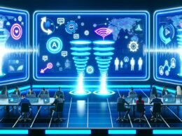 Hightech Arbeitsplatz mit Sonos Lautsprechern, grafischen Dashboard-Anzeigen, Tonwellen und Marketern bei der Datenanalyse in einer blau-neon erleuchteten Umgebung.