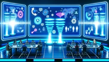 Hightech Arbeitsplatz mit Sonos Lautsprechern, grafischen Dashboard-Anzeigen, Tonwellen und Marketern bei der Datenanalyse in einer blau-neon erleuchteten Umgebung.