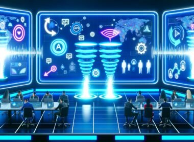 Hightech Arbeitsplatz mit Sonos Lautsprechern, grafischen Dashboard-Anzeigen, Tonwellen und Marketern bei der Datenanalyse in einer blau-neon erleuchteten Umgebung.