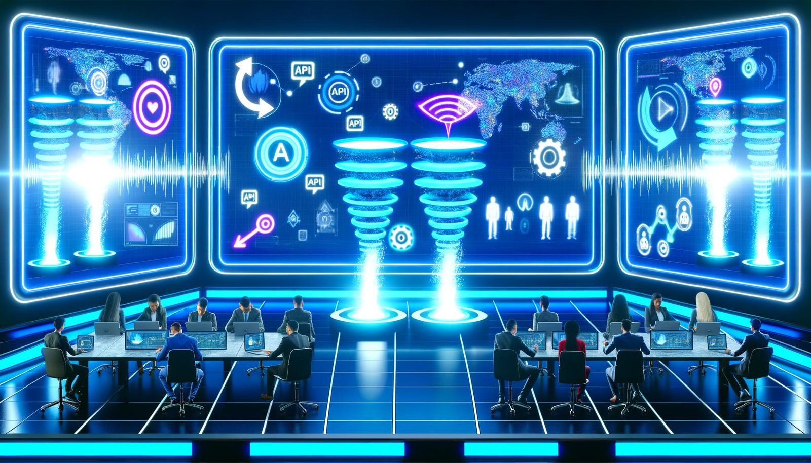 Hightech Arbeitsplatz mit Sonos Lautsprechern, grafischen Dashboard-Anzeigen, Tonwellen und Marketern bei der Datenanalyse in einer blau-neon erleuchteten Umgebung.