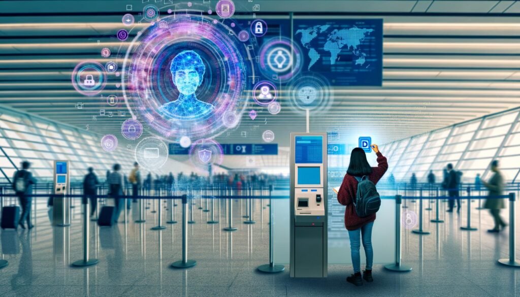 Frau bei digitaler Ausweiskontrolle an futuristischem Flughafen mit holografischen Daten und Blockchain-Symbolen.
