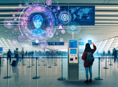 Frau bei digitaler Ausweiskontrolle an futuristischem Flughafen mit holografischen Daten und Blockchain-Symbolen.