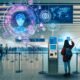 Frau bei digitaler Ausweiskontrolle an futuristischem Flughafen mit holografischen Daten und Blockchain-Symbolen.