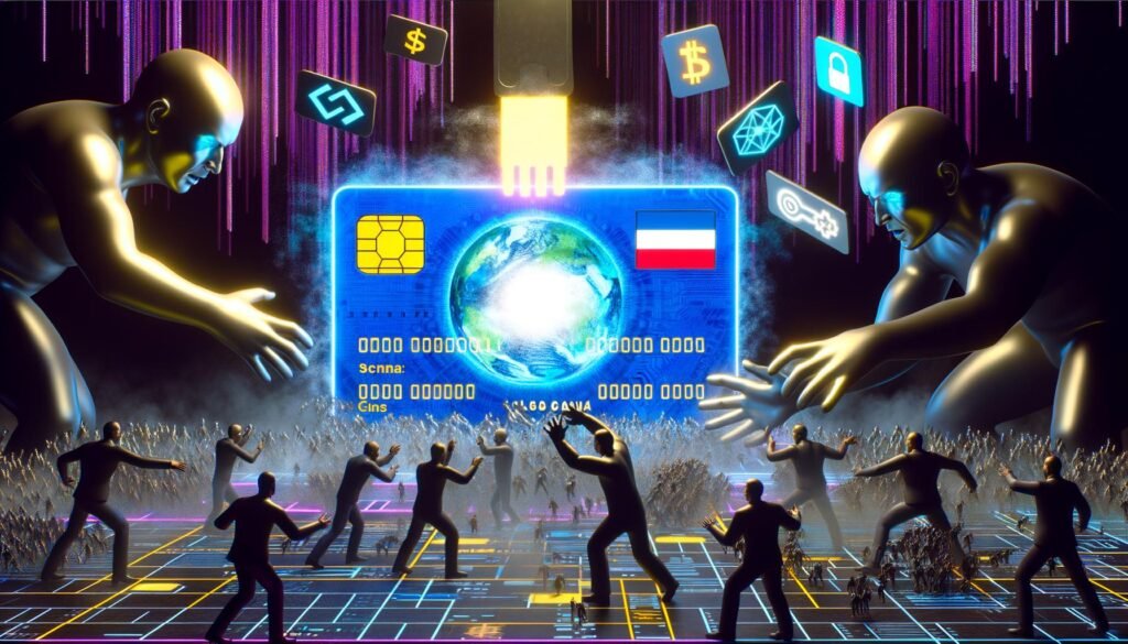 Illustration einer digitalen Schlacht: Staaten und Tech-Konzerne greifen nach einer riesigen digitalen Identitätskarte, während Einzelpersonen mit Wallet- und Blockchain-Symbolen ihre digitale Identität im Cyberspace verteidigen.