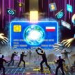 Illustration einer digitalen Schlacht: Staaten und Tech-Konzerne greifen nach einer riesigen digitalen Identitätskarte, während Einzelpersonen mit Wallet- und Blockchain-Symbolen ihre digitale Identität im Cyberspace verteidigen.