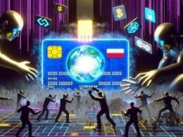 Illustration einer digitalen Schlacht: Staaten und Tech-Konzerne greifen nach einer riesigen digitalen Identitätskarte, während Einzelpersonen mit Wallet- und Blockchain-Symbolen ihre digitale Identität im Cyberspace verteidigen.