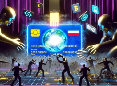 Illustration einer digitalen Schlacht: Staaten und Tech-Konzerne greifen nach einer riesigen digitalen Identitätskarte, während Einzelpersonen mit Wallet- und Blockchain-Symbolen ihre digitale Identität im Cyberspace verteidigen.