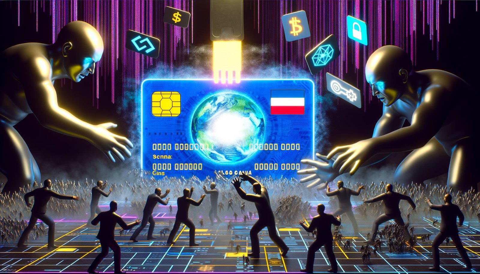 Illustration einer digitalen Schlacht: Staaten und Tech-Konzerne greifen nach einer riesigen digitalen Identitätskarte, während Einzelpersonen mit Wallet- und Blockchain-Symbolen ihre digitale Identität im Cyberspace verteidigen.