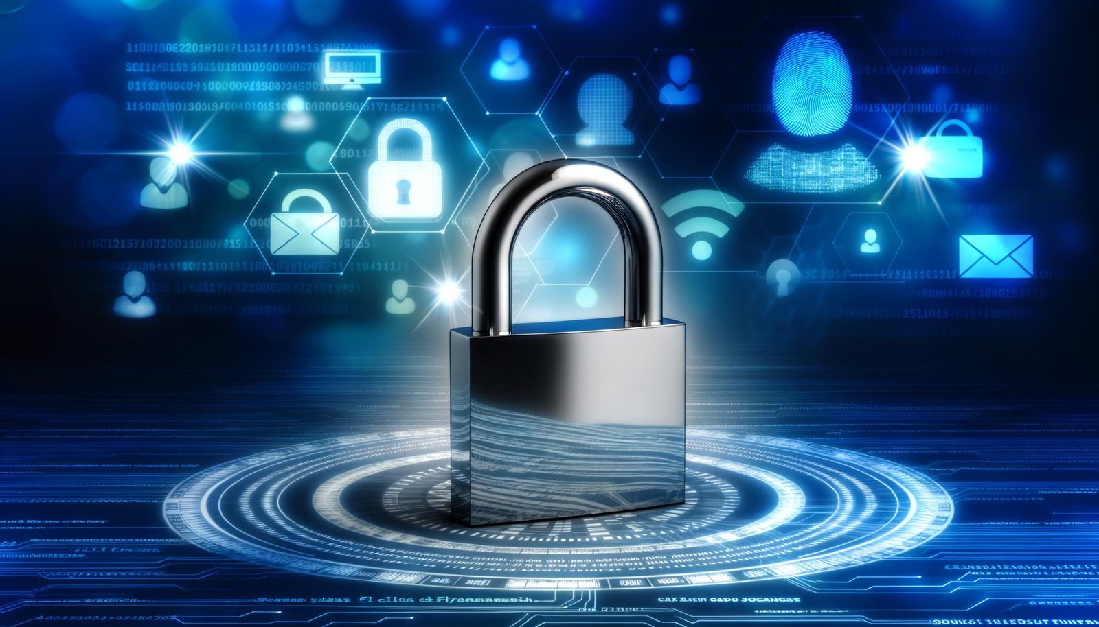Digital stilisiertes, glänzendes Vorhängeschloss mit Netzwerk aus Datenströmen und Sicherheits-Symbolen vor angedeutetem Web-Hintergrund.