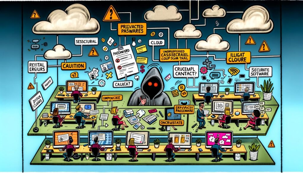 Moderne Büroillustration mit Mitarbeitern, die digitale Sicherheitsfehler begehen – von Passwörtern am Monitor über unsichere Datenteilung bis zu unerlaubten Apps, mit Warnsymbolen und einem unsichtbaren Hacker im Hintergrund.