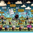 Moderne Büroillustration mit Mitarbeitern, die digitale Sicherheitsfehler begehen – von Passwörtern am Monitor über unsichere Datenteilung bis zu unerlaubten Apps, mit Warnsymbolen und einem unsichtbaren Hacker im Hintergrund.
