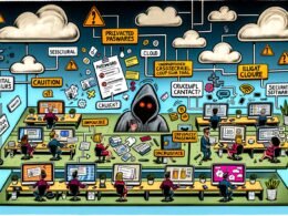 Moderne Büroillustration mit Mitarbeitern, die digitale Sicherheitsfehler begehen – von Passwörtern am Monitor über unsichere Datenteilung bis zu unerlaubten Apps, mit Warnsymbolen und einem unsichtbaren Hacker im Hintergrund.