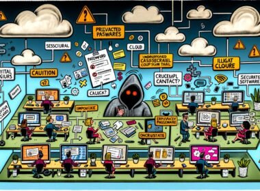 Moderne Büroillustration mit Mitarbeitern, die digitale Sicherheitsfehler begehen – von Passwörtern am Monitor über unsichere Datenteilung bis zu unerlaubten Apps, mit Warnsymbolen und einem unsichtbaren Hacker im Hintergrund.
