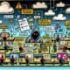 Moderne Büroillustration mit Mitarbeitern, die digitale Sicherheitsfehler begehen – von Passwörtern am Monitor über unsichere Datenteilung bis zu unerlaubten Apps, mit Warnsymbolen und einem unsichtbaren Hacker im Hintergrund.