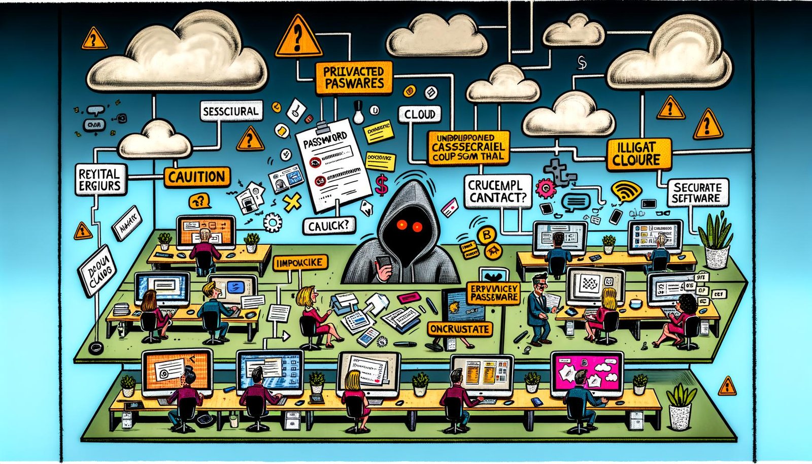 Moderne Büroillustration mit Mitarbeitern, die digitale Sicherheitsfehler begehen – von Passwörtern am Monitor über unsichere Datenteilung bis zu unerlaubten Apps, mit Warnsymbolen und einem unsichtbaren Hacker im Hintergrund.