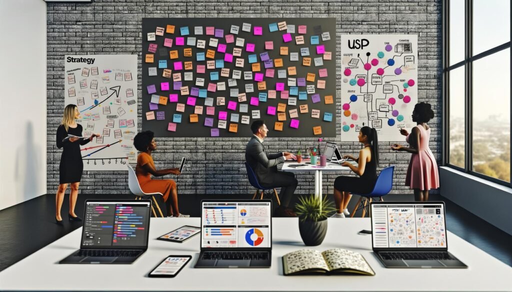 Kreatives Team brainstormt im modernen Büro vor Post-its mit Strategie- und Storytelling-Begriffen, digitalen Devices, Whiteboard und Notizbüchern.