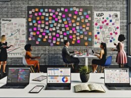 Kreatives Team brainstormt im modernen Büro vor Post-its mit Strategie- und Storytelling-Begriffen, digitalen Devices, Whiteboard und Notizbüchern.