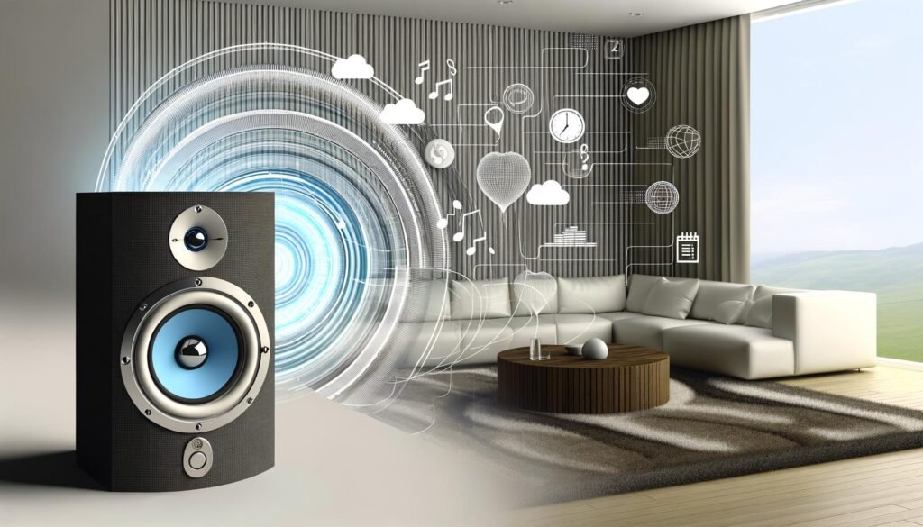 Modernes Wohnzimmer mit Sonos-Lautsprecher, umgeben von dynamischen Datenströmen, Soundwellen, Wetter- und Uhrzeit-Icons sowie Datenschutzsymbolen.