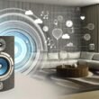 Modernes Wohnzimmer mit Sonos-Lautsprecher, umgeben von dynamischen Datenströmen, Soundwellen, Wetter- und Uhrzeit-Icons sowie Datenschutzsymbolen.