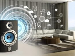 Modernes Wohnzimmer mit Sonos-Lautsprecher, umgeben von dynamischen Datenströmen, Soundwellen, Wetter- und Uhrzeit-Icons sowie Datenschutzsymbolen.