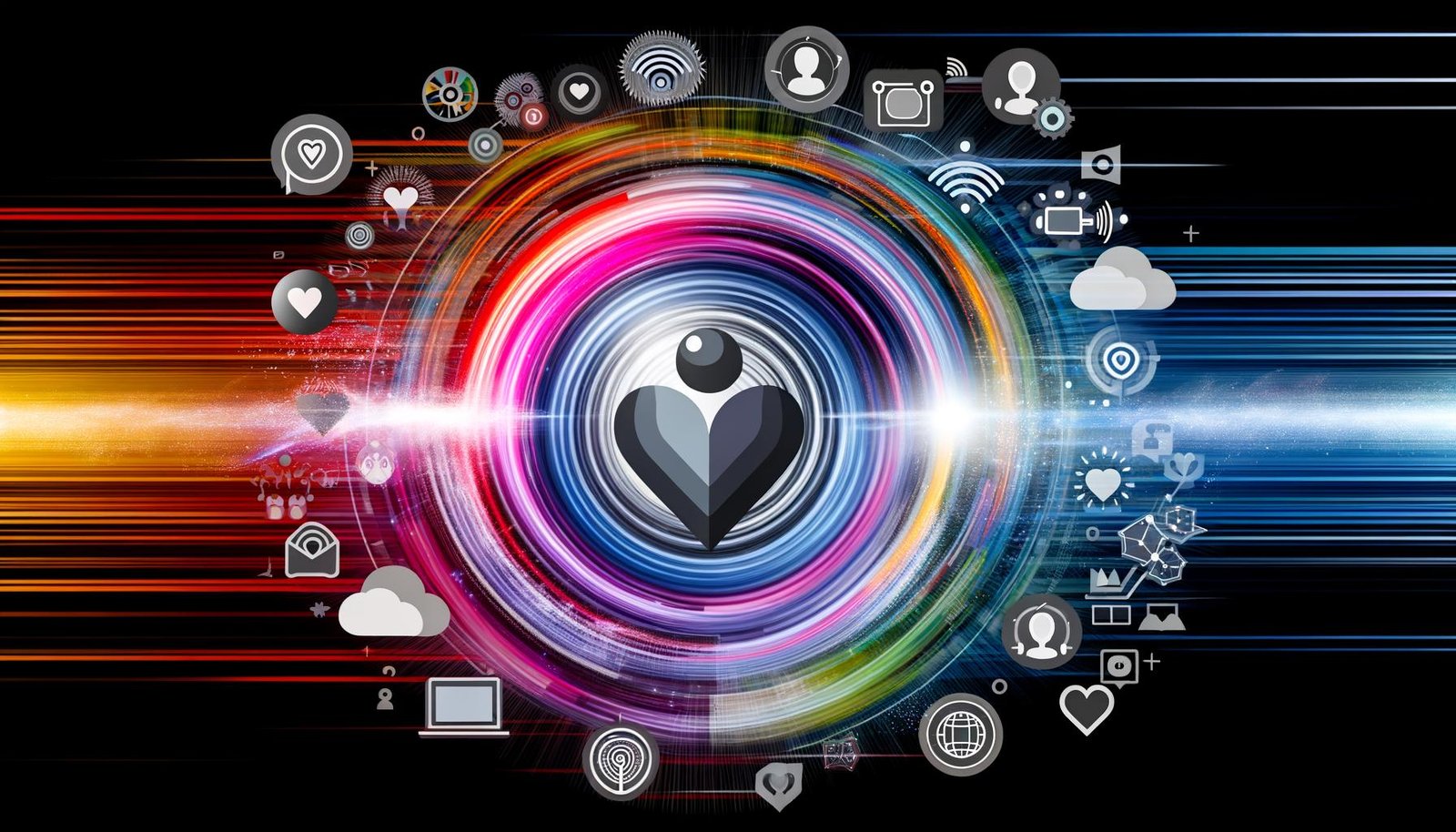 Modernes Firmenlogo im Zentrum, umgeben von farbenfrohen Datenströmen, psychologischen Icons und digitalen Tools mit angedeuteten Kanälen wie Social Media, Video und Chat im Hintergrund.