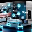 Futuristisches Wohnzimmer mit Sonos-Lautsprechern in verschiedenen Räumen, umgeben von Datenströmen, Symbole für Musik, Stimmung, Uhrzeit, Datenschutzhinweise und Werbung in modernem Design.