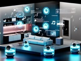 Futuristisches Wohnzimmer mit Sonos-Lautsprechern in verschiedenen Räumen, umgeben von Datenströmen, Symbole für Musik, Stimmung, Uhrzeit, Datenschutzhinweise und Werbung in modernem Design.