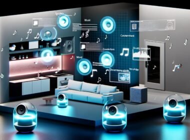 Futuristisches Wohnzimmer mit Sonos-Lautsprechern in verschiedenen Räumen, umgeben von Datenströmen, Symbole für Musik, Stimmung, Uhrzeit, Datenschutzhinweise und Werbung in modernem Design.