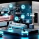 Futuristisches Wohnzimmer mit Sonos-Lautsprechern in verschiedenen Räumen, umgeben von Datenströmen, Symbole für Musik, Stimmung, Uhrzeit, Datenschutzhinweise und Werbung in modernem Design.
