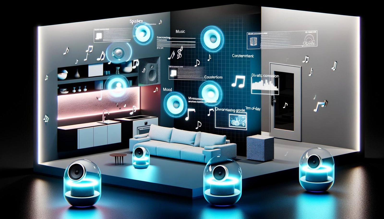 Futuristisches Wohnzimmer mit Sonos-Lautsprechern in verschiedenen Räumen, umgeben von Datenströmen, Symbole für Musik, Stimmung, Uhrzeit, Datenschutzhinweise und Werbung in modernem Design.