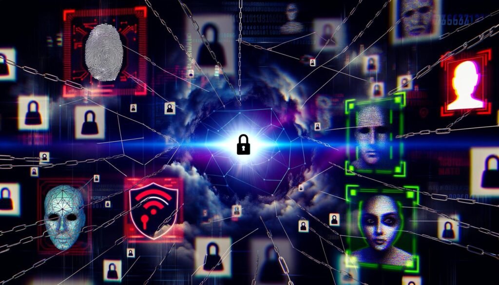Illustration eines surrealen Cyberspace mit schwebenden digitalen Identitätskarten, biometrischen Fingerabdrücken, Gesichtsprofilen, irisgesicherten Datenströmen, fragmentierten Avataren und einem pulsierenden Blockchain-Ledger vor verschwommenen Logos von Big Tech, Staaten und Hackern.