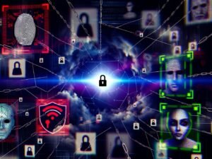 Illustration eines surrealen Cyberspace mit schwebenden digitalen Identitätskarten, biometrischen Fingerabdrücken, Gesichtsprofilen, irisgesicherten Datenströmen, fragmentierten Avataren und einem pulsierenden Blockchain-Ledger vor verschwommenen Logos von Big Tech, Staaten und Hackern.