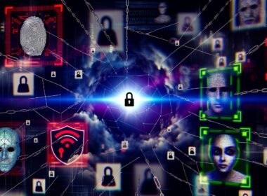 Illustration eines surrealen Cyberspace mit schwebenden digitalen Identitätskarten, biometrischen Fingerabdrücken, Gesichtsprofilen, irisgesicherten Datenströmen, fragmentierten Avataren und einem pulsierenden Blockchain-Ledger vor verschwommenen Logos von Big Tech, Staaten und Hackern.