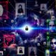 Illustration eines surrealen Cyberspace mit schwebenden digitalen Identitätskarten, biometrischen Fingerabdrücken, Gesichtsprofilen, irisgesicherten Datenströmen, fragmentierten Avataren und einem pulsierenden Blockchain-Ledger vor verschwommenen Logos von Big Tech, Staaten und Hackern.