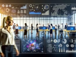 Modernes Büro mit diversen Teams, die an digitalen Dashboards und Touchscreens arbeiten, Datenströme und Diagramme analysieren und smarte Entscheidungen treffen.