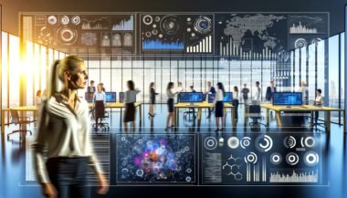 Modernes Büro mit diversen Teams, die an digitalen Dashboards und Touchscreens arbeiten, Datenströme und Diagramme analysieren und smarte Entscheidungen treffen.