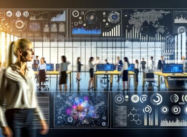 Modernes Büro mit diversen Teams, die an digitalen Dashboards und Touchscreens arbeiten, Datenströme und Diagramme analysieren und smarte Entscheidungen treffen.
