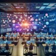 Marketingteam arbeitet an digitalen Touchscreens mit Storymaps, Datenanalysen und Markenwerten in einem modernen, technologiegetriebenen Workspace.