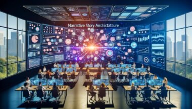 Marketingteam arbeitet an digitalen Touchscreens mit Storymaps, Datenanalysen und Markenwerten in einem modernen, technologiegetriebenen Workspace.