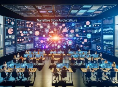 Marketingteam arbeitet an digitalen Touchscreens mit Storymaps, Datenanalysen und Markenwerten in einem modernen, technologiegetriebenen Workspace.