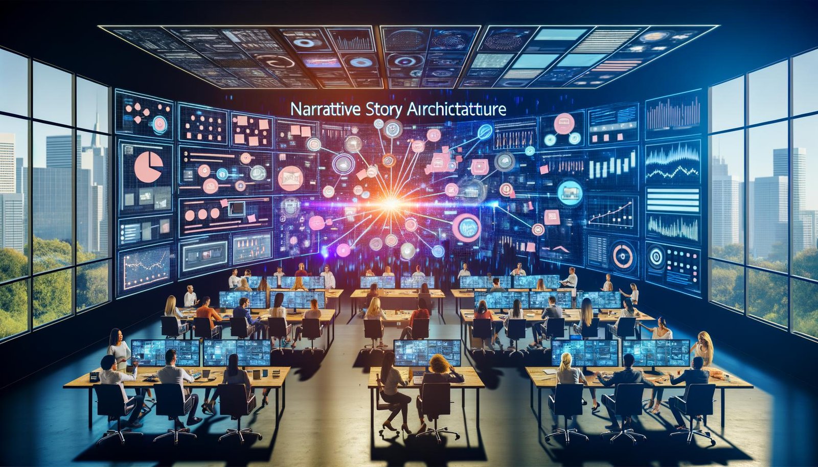 Marketingteam arbeitet an digitalen Touchscreens mit Storymaps, Datenanalysen und Markenwerten in einem modernen, technologiegetriebenen Workspace.