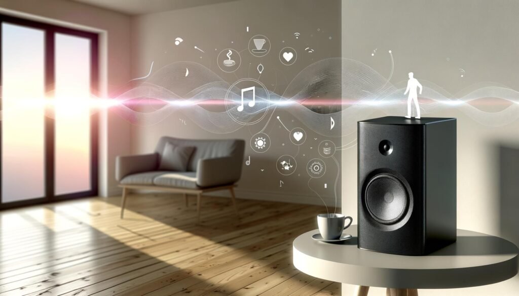 Modernes Wohnzimmer mit Sonos-Lautsprecher, grafischen Audio-Wellen und Kontextdaten wie Kaffeetasse, Uhr und Nutzer-Silhouette, was die Integration smarter Audio-Technologie im Alltag zeigt.