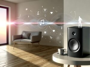 Modernes Wohnzimmer mit Sonos-Lautsprecher, grafischen Audio-Wellen und Kontextdaten wie Kaffeetasse, Uhr und Nutzer-Silhouette, was die Integration smarter Audio-Technologie im Alltag zeigt.